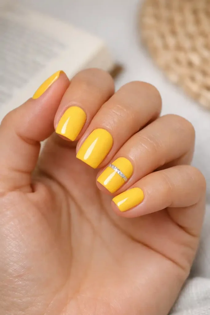 Sunny yellow Summer Dip Nails 2026 with a minimal silver glitter accent.