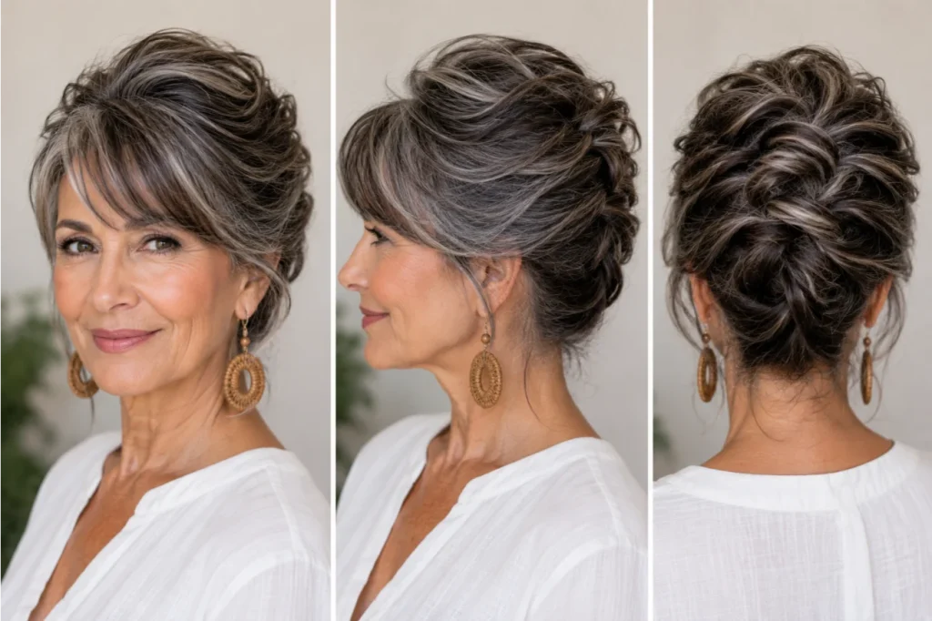 Swept-Back Textured Updo with Bangs and Gray Streaks