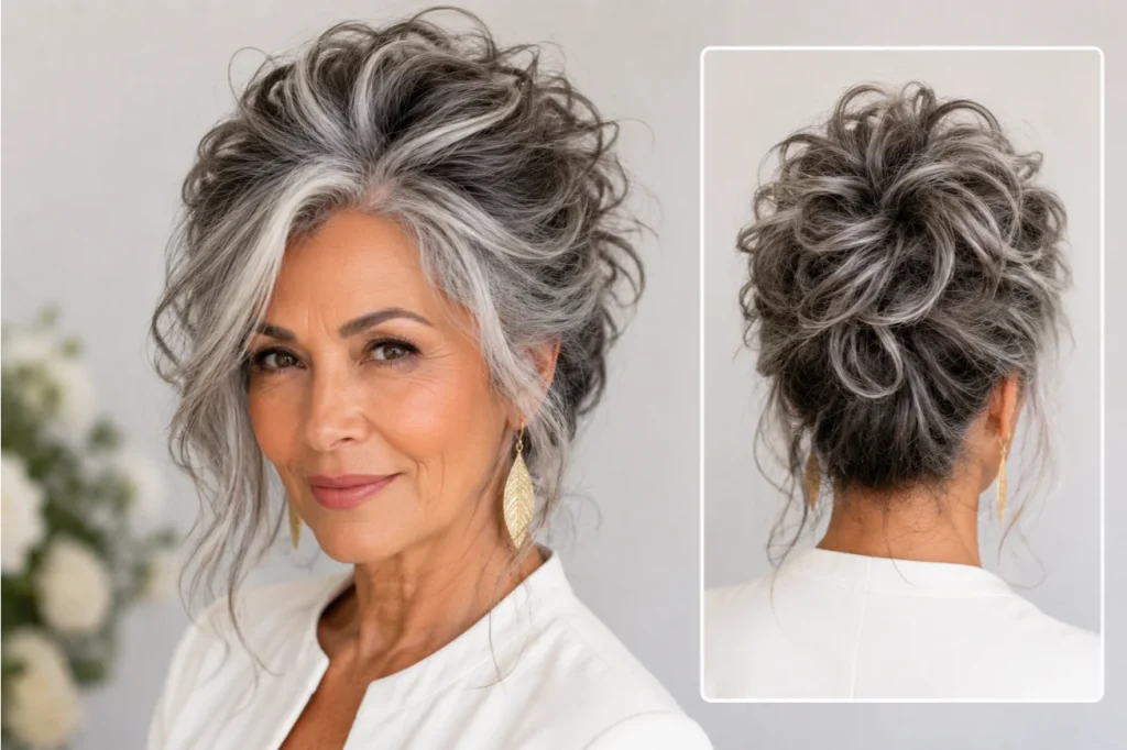 Tousled Silver Updo with Swept Fringe