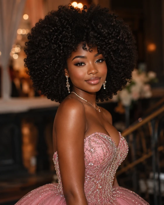 Voluminous curly fro hairstyle for black women prom