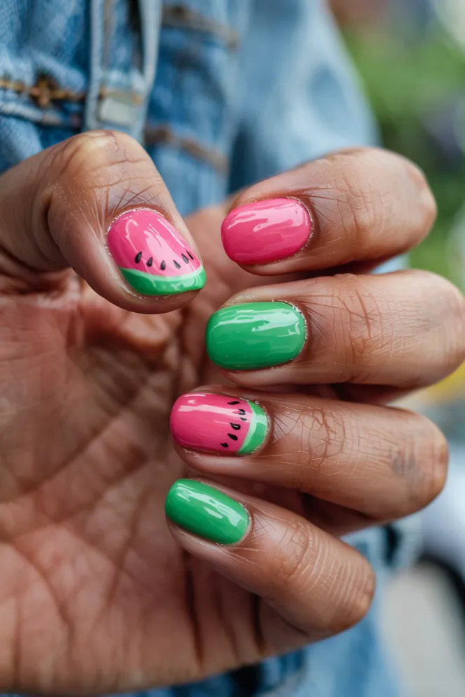 Watermelon Pink and Green Short Oval Nails