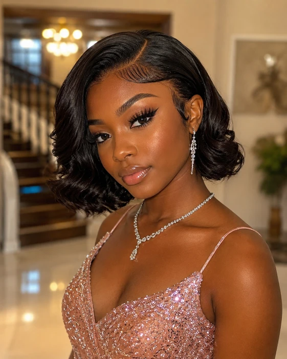 Short wavy bob with side part for black women prom hairstyle