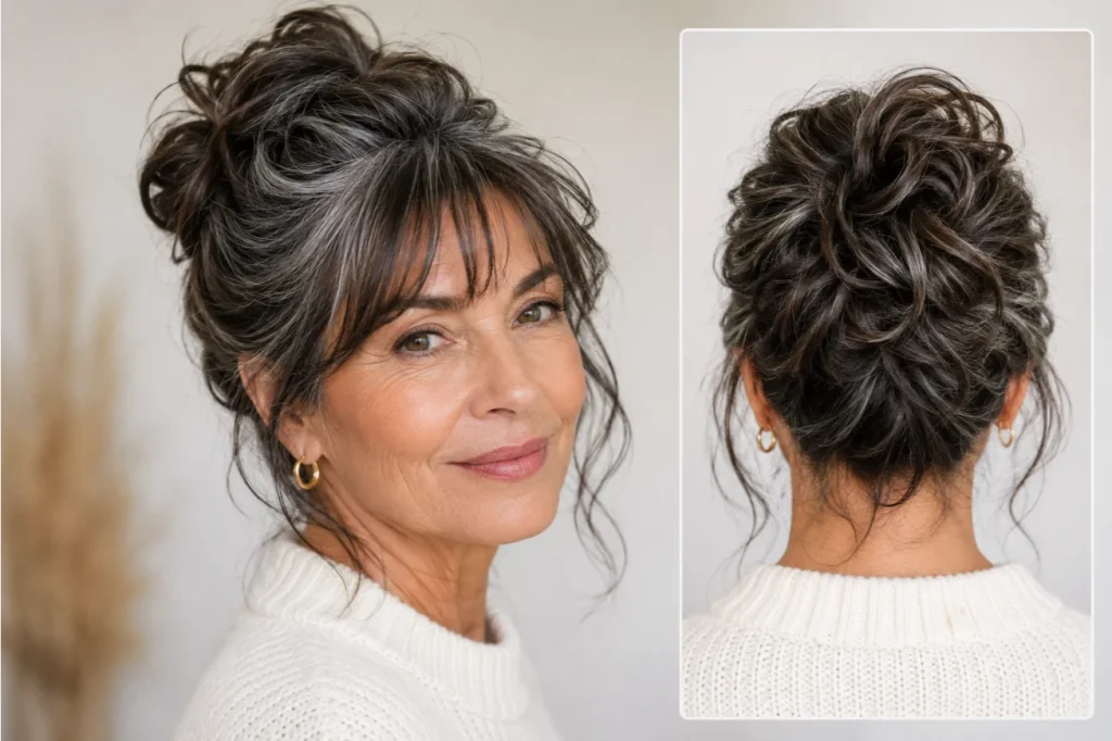 Wispy Messy Updo with Silver Highlights