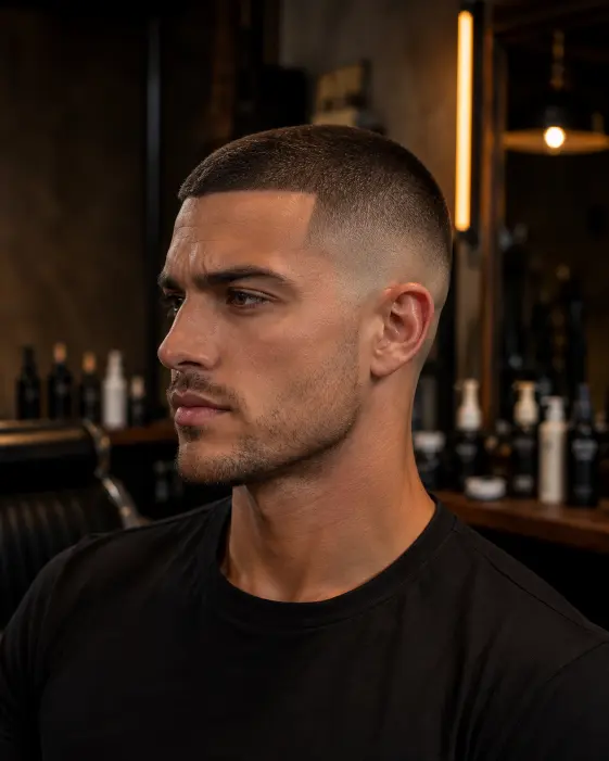 Man with buzz cut fade haircut and sharp hairline.