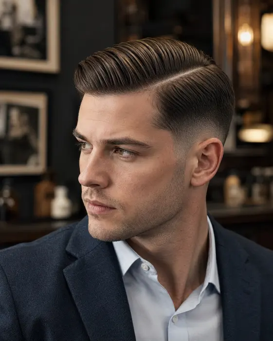 Professional man with side part haircut and fade sides.
