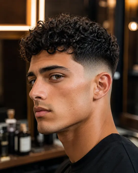 Man with curly top fade haircut and clean faded sides.