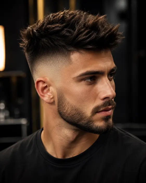Male model with high fade haircut and voluminous textured top.
