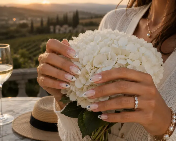 Milky White French Tips with Tiny Stars