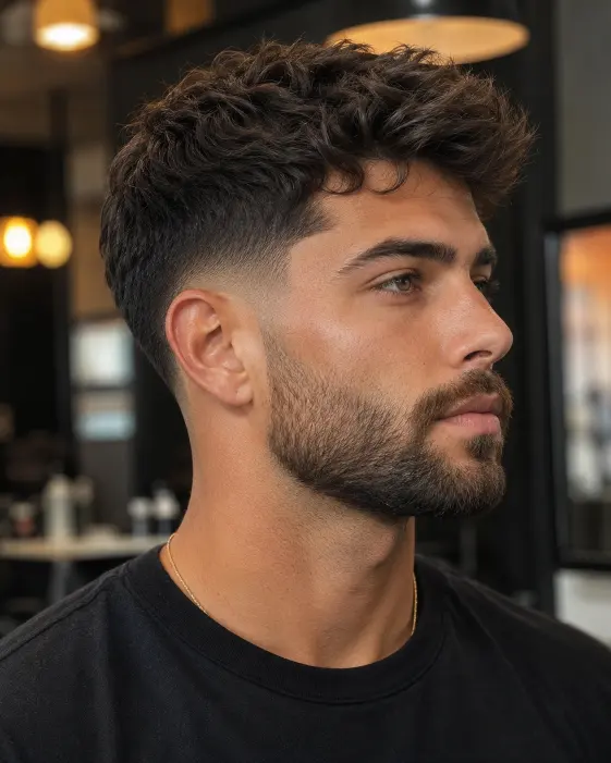 Man with drop fade haircut and textured top.