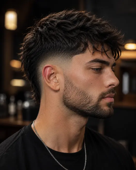 Man with burst fade haircut and modern textured top.