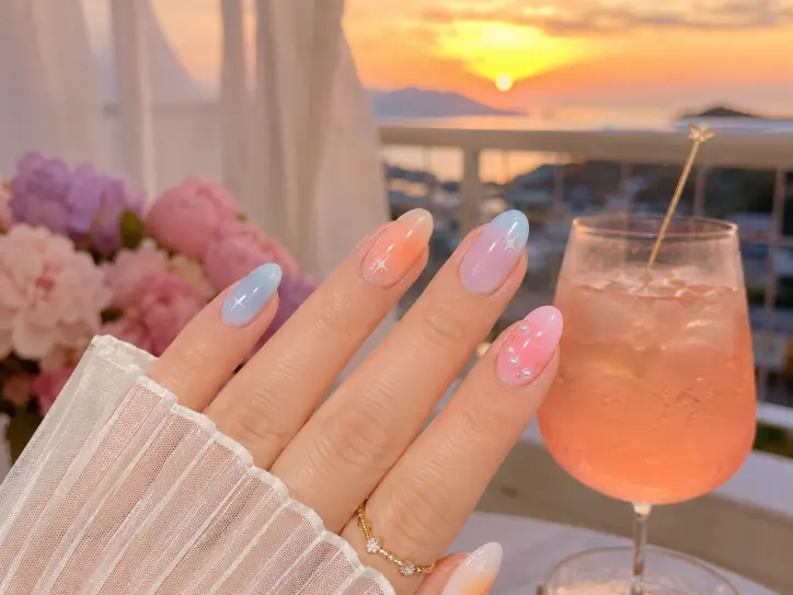 Aura June nails with soft blue, peach, lavender, and milky white gradients.