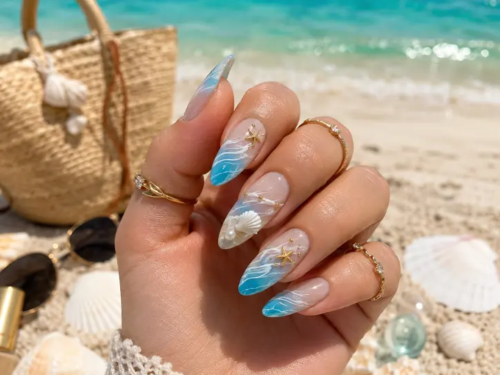 Beach vacation June nails with ocean blue ombré, wave art, pearls, and seashell accents.