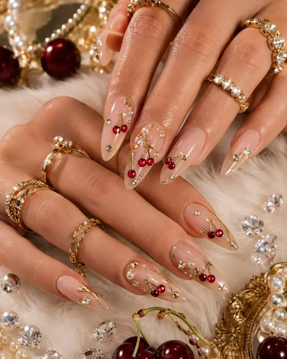 Cherry Nails with Rhinestones