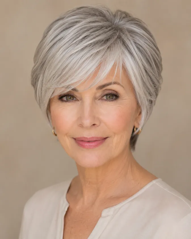 Classic bixie haircut with side bangs and silver gray hair.