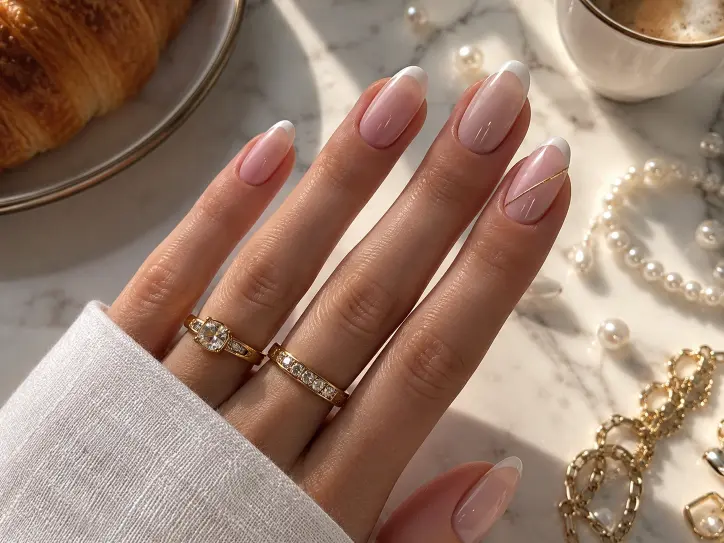 Classy June nails with milky nude polish, micro French tips, and gold accents.