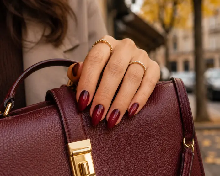 Deep Cherry Ombre Almond Nails