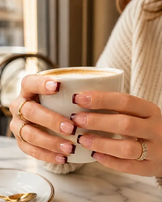 Deep Red French Square Nails