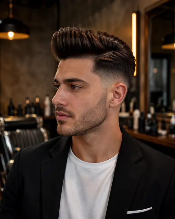 Man with pompadour haircut and clean fade sides.