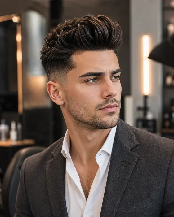 Man with fade haircut and modern quiff hairstyle.