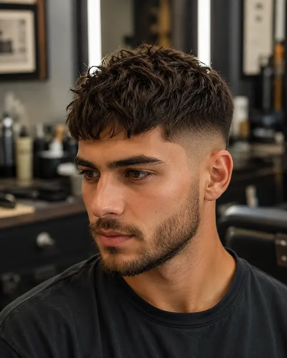 Textured crop haircut with faded sides on a young man.