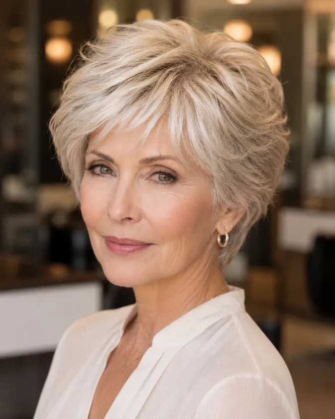 Feathered bixie haircut with silver blonde layers for mature women.