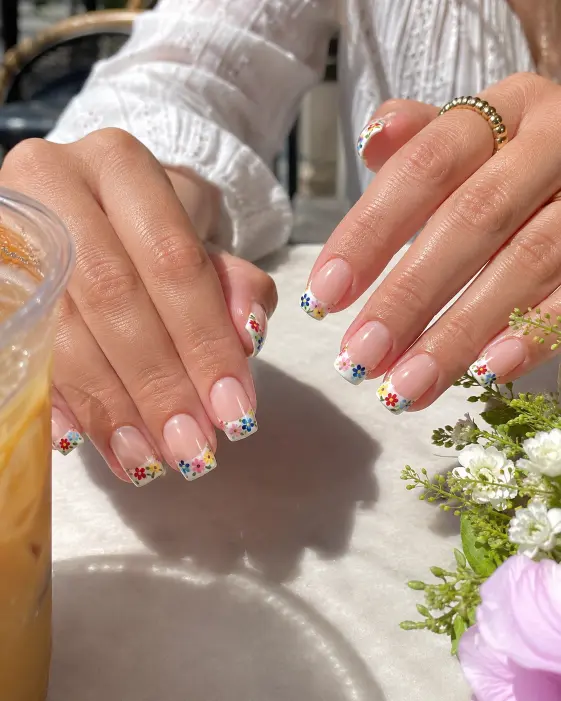 Floral French Tip Squoval Nails