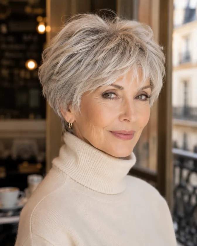 French-inspired silver bixie haircut with soft texture and movement.