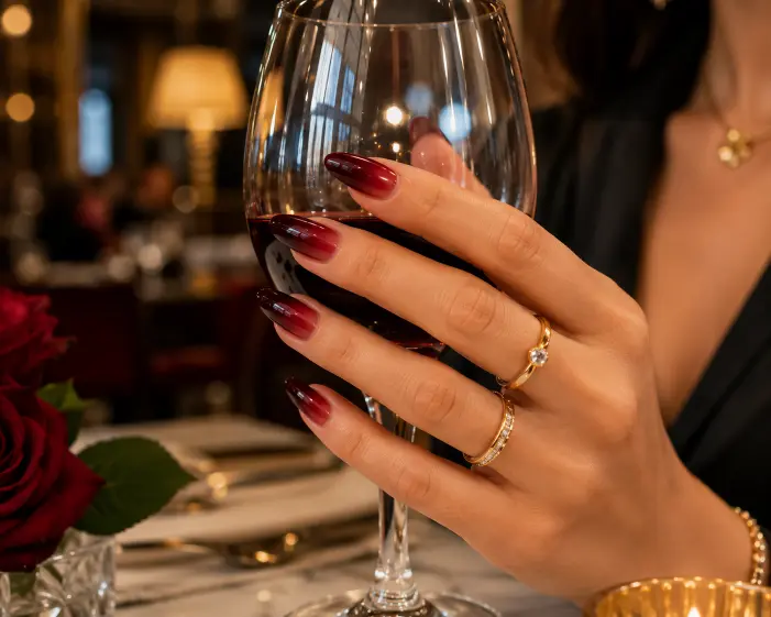 Glossy Deep Red Ombre Almond Nails