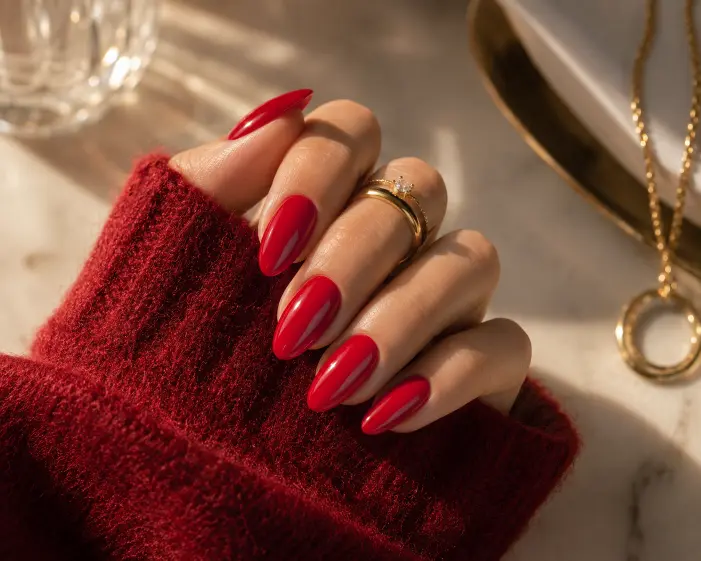 Glossy Red Almond Nails