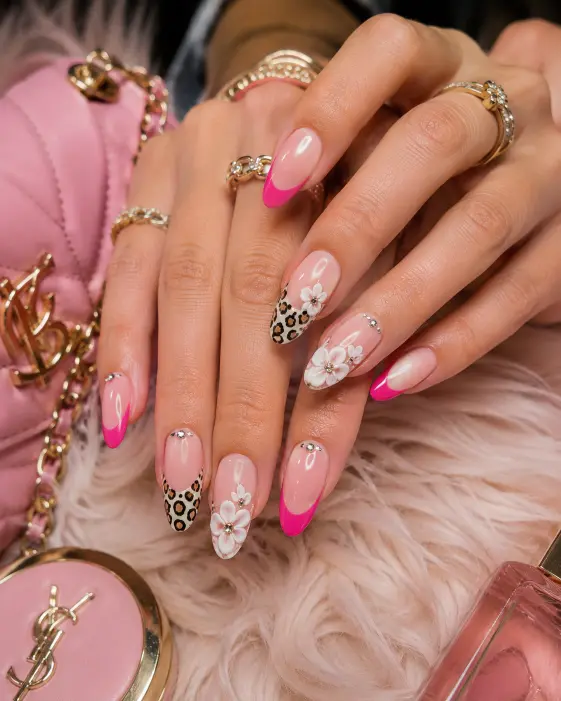 Hot Pink Leopard Print French Tips