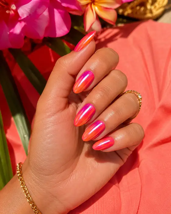 Hot Pink and Orange Chrome Nails