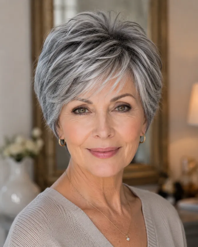 Layered salt and pepper bixie haircut with volume and texture.