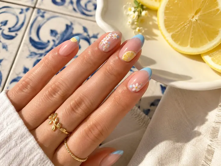 Lemon and blue June nails with baby blue tips, lemon art, and white floral details.