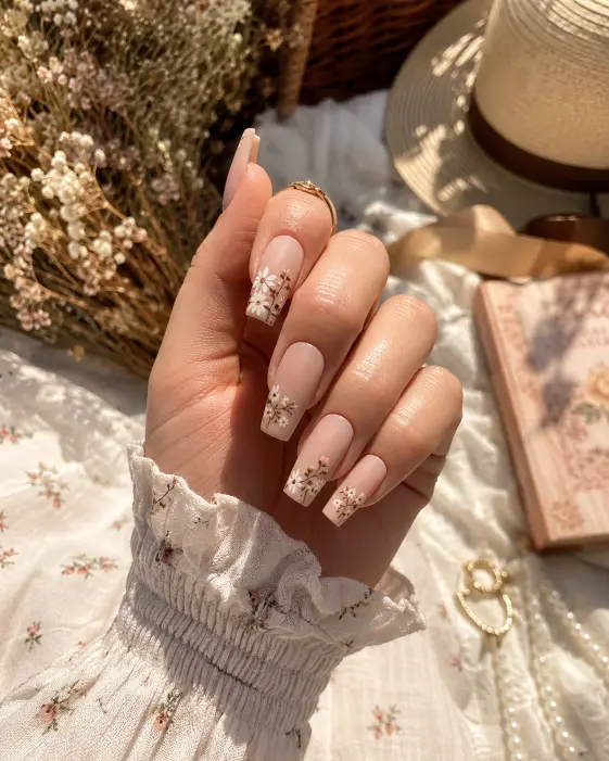 Matte Nude Coffin Nails with Floral Details