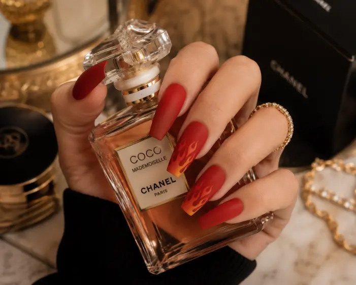 Matte Red Coffin Nails with Flame Detail
