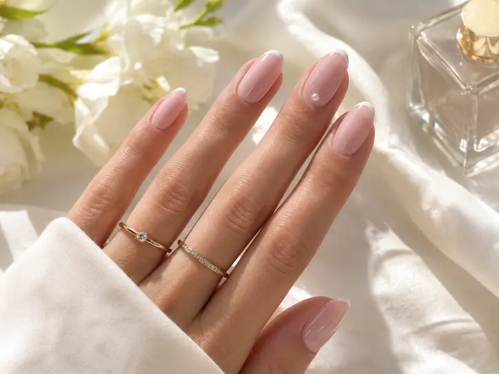 Milky pink June nails with glossy sheer polish and subtle pearl accent.
