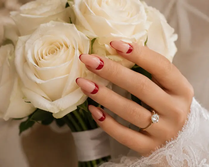 Minimal Red Half-Moon Almond Nails
