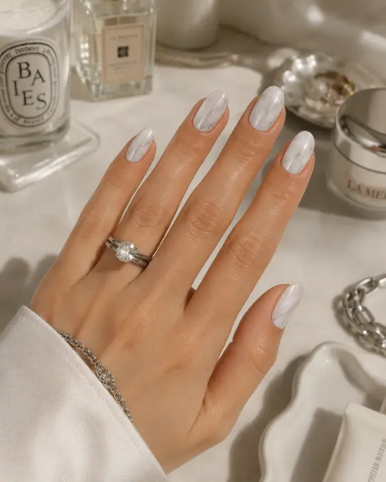 Pearl White Marble Nails