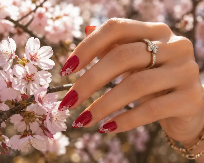 Red Almond Nails with Floral Accent Tips