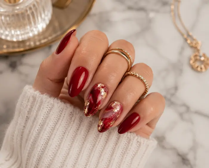 Red Marble Accent Nails with Gold Foil