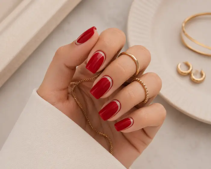 Red Square Nails with Cuticle Outline Accents