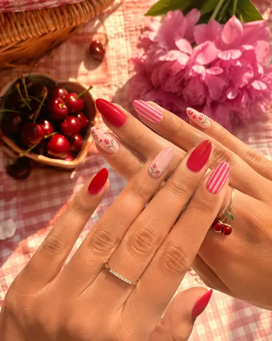 Red and Pink Playful Almond Nails