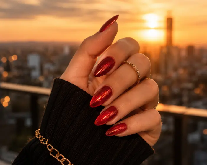 Shimmering Red Almond Nails