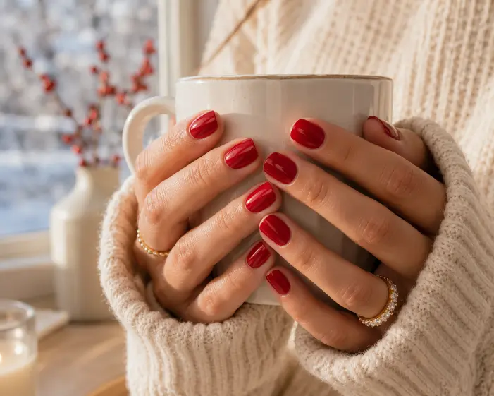 Short Glossy Red Rounded Square Nails