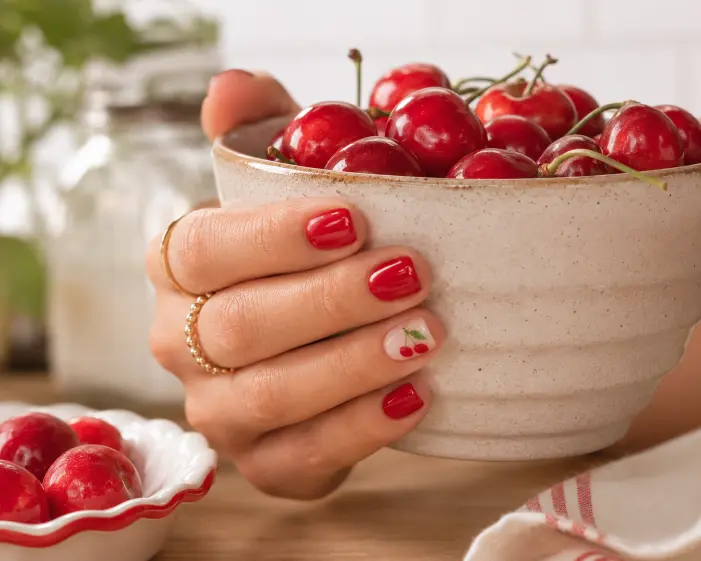 Short Red Nails with Cherry Accent