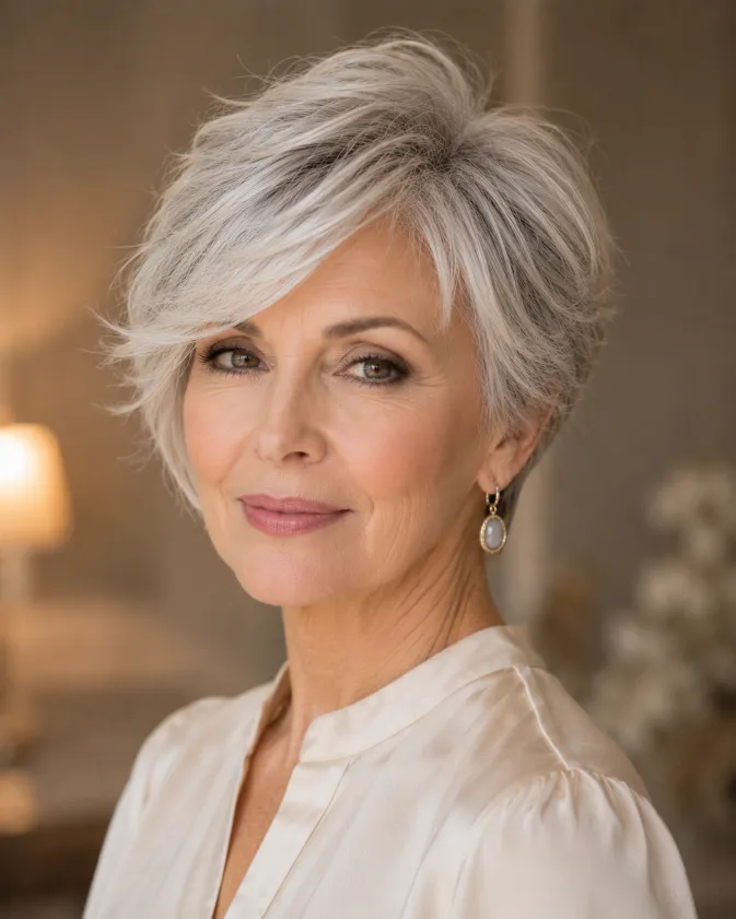 Side-parted silver bixie hairstyle with elegant volume.