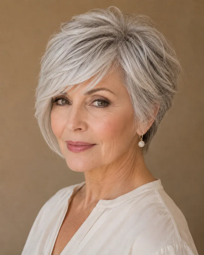 Silver bixie haircut with long side fringe for mature women.