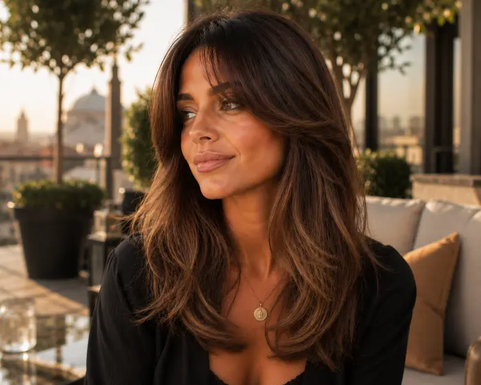 Soft Brunette Balayage With Curtain Bangs