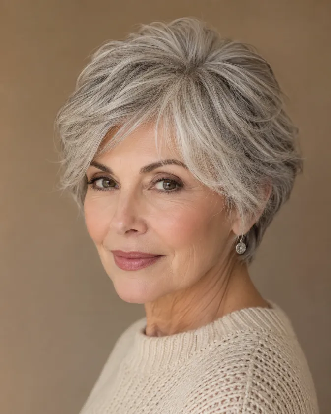 Soft layered silver bixie haircut on woman over 60 with airy crown volume.