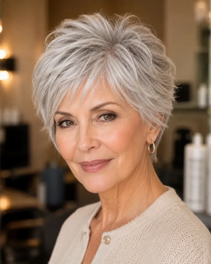 Textured bixie haircut with lifted crown volume for women over 60.
